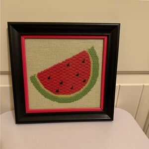 Vintage 80's  Framed Watermelon Cross Stitch Needle Work 10" x 10.5"